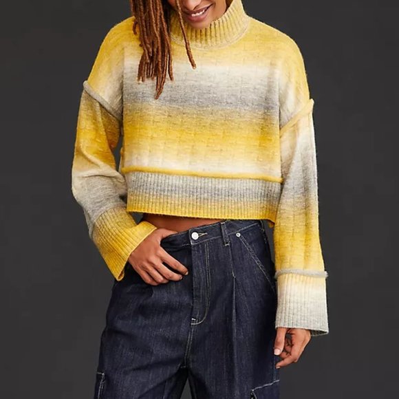 Anthropologie Pilcro Cropped Mock-Neck Sweater - Yellow Gray Ombre - Large - Picture 4 of 10